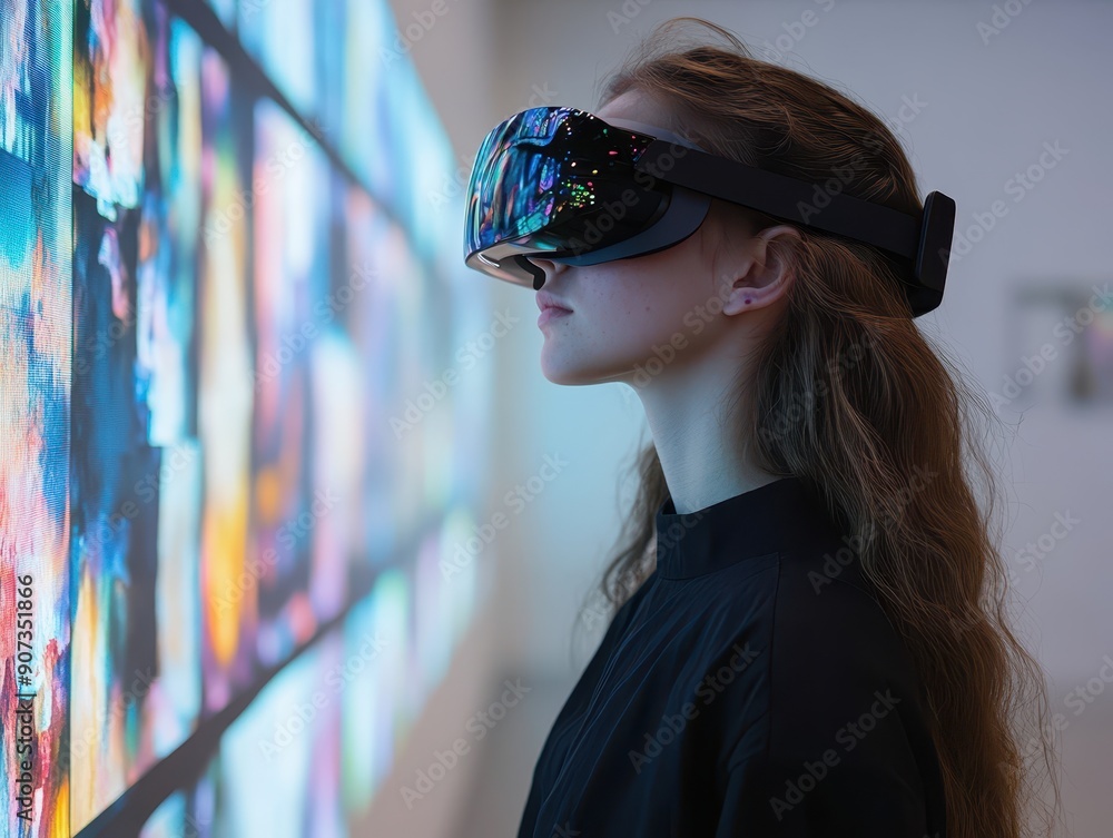 Girl with smart glasses navigating a virtual art gallery, exploring art and digital experiences Girl with smart glasses navigating a virtual art gallery, exploring art and digital experiences