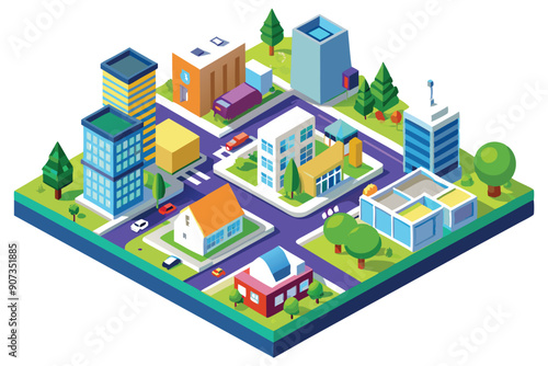 Isometric View of a Cityscape with Buildings, Trees, and Cars