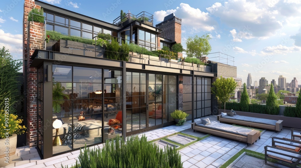 A contemporary urban townhouse with a mix of brick and metal, large windows, and a rooftop terrace with a garden and city views. A contemporary urban townhouse with a mix of brick and metal, large windows, and a rooftop terrace with a garden and city views.