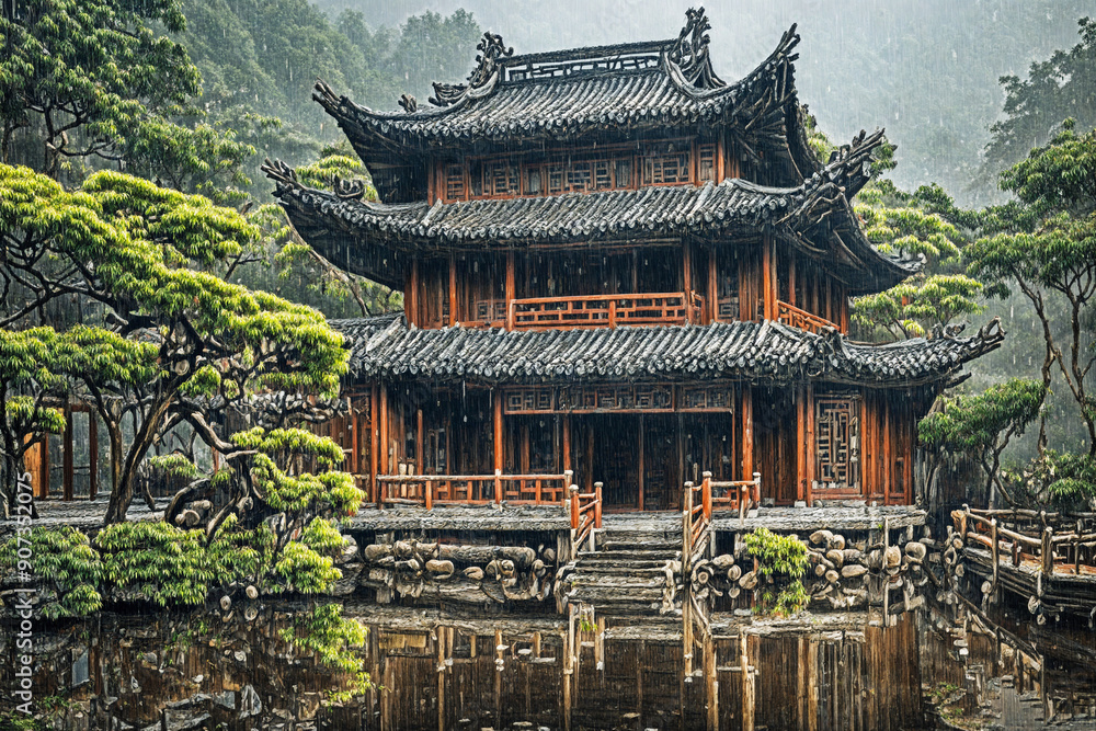 Naklejka premium Traditional Chinese house in detail with intricate wooden architecture, surrounded by a bamboo garden, during a light rain with a thin mist