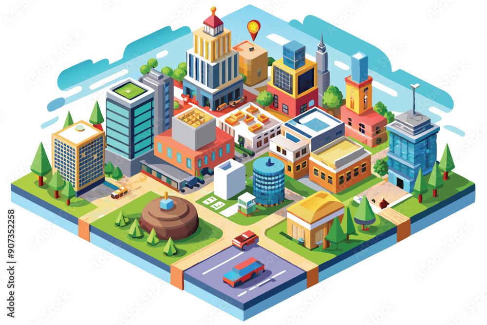 Isometric Cityscape with Buildings, Trees, and Cars Isometric Cityscape with Buildings, Trees, and Cars