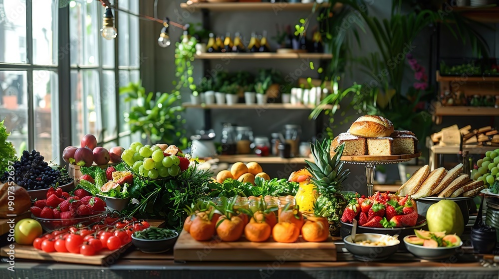 A Colorful Table Spread with Fresh Fruits and Baked Goods A Colorful Table Spread with Fresh Fruits and Baked Goods