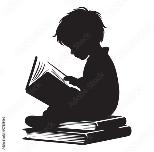 A child boy girl reading silhouette isolated on background.