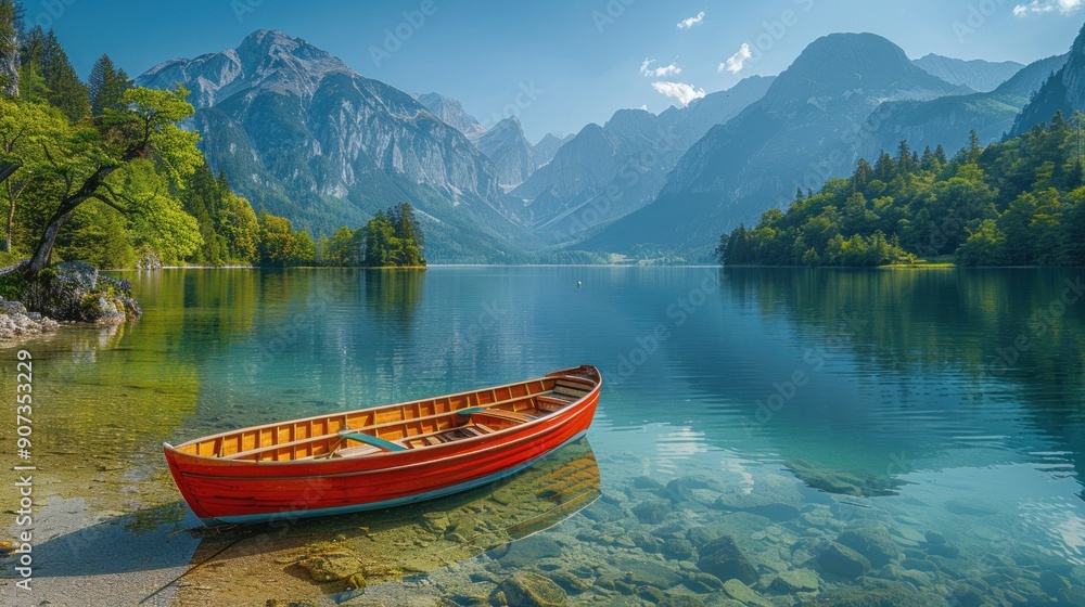 Serene Lake with Red Boat and Majestic Mountains Serene Lake with Red Boat and Majestic Mountains