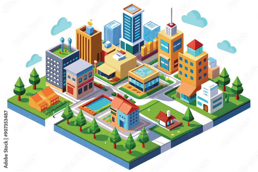 Isometric View of a City with Buildings, Trees, and a Pool Isometric View of a City with Buildings, Trees, and a Pool