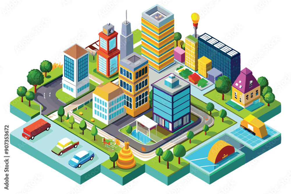 Isometric Illustration of a Vibrant Cityscape with Buildings, Vehicles, and Parks Isometric Illustration of a Vibrant Cityscape with Buildings, Vehicles, and Parks