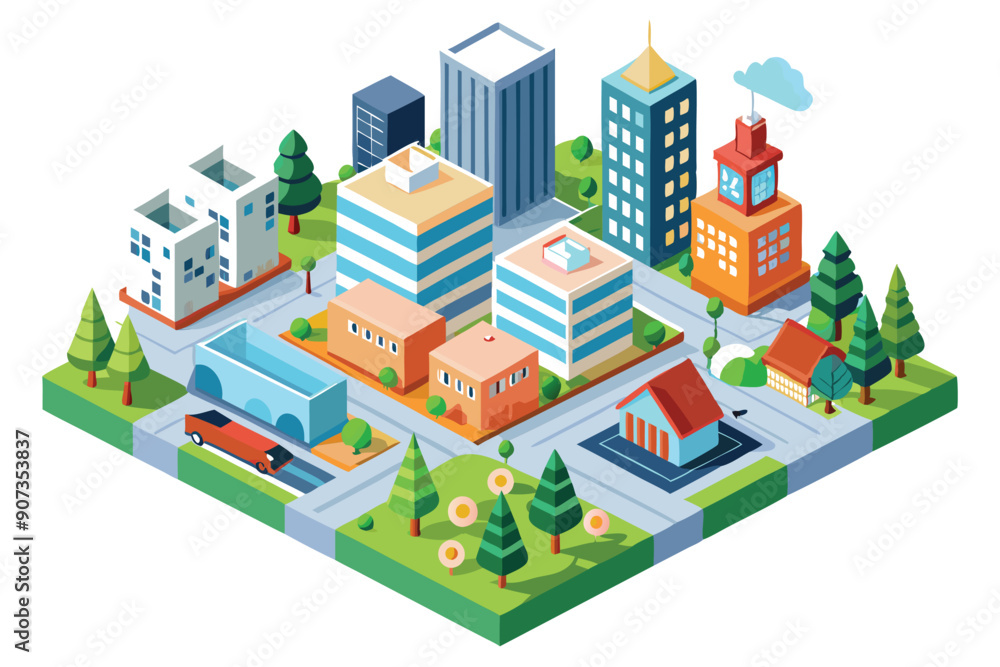 Isometric Illustration of a Cityscape with Buildings, Trees, and a Truck Isometric Illustration of a Cityscape with Buildings, Trees, and a Truck