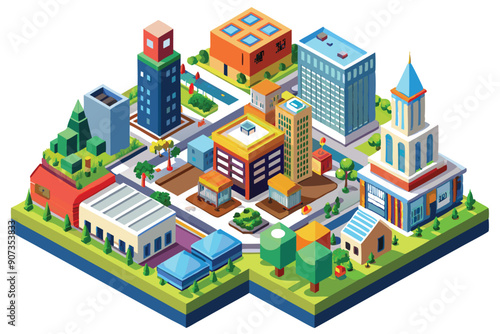 Isometric Illustration of a Modern Cityscape with Buildings, Trees, and a Street