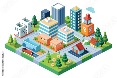 Isometric Illustration of a Cityscape with Buildings, Trees, and a Truck