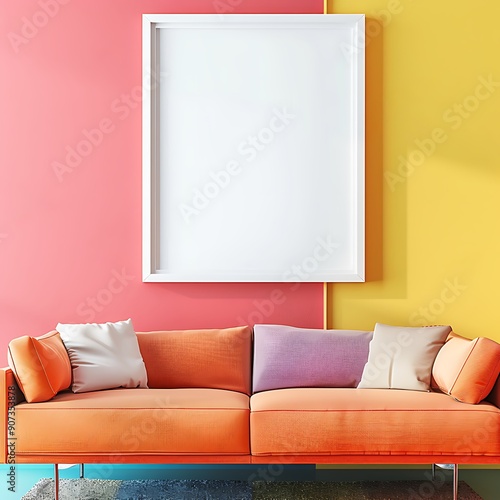 An understated living room with one sofa, a plain white frame on a perfectly colored wall, and a splash of lively colors. photo