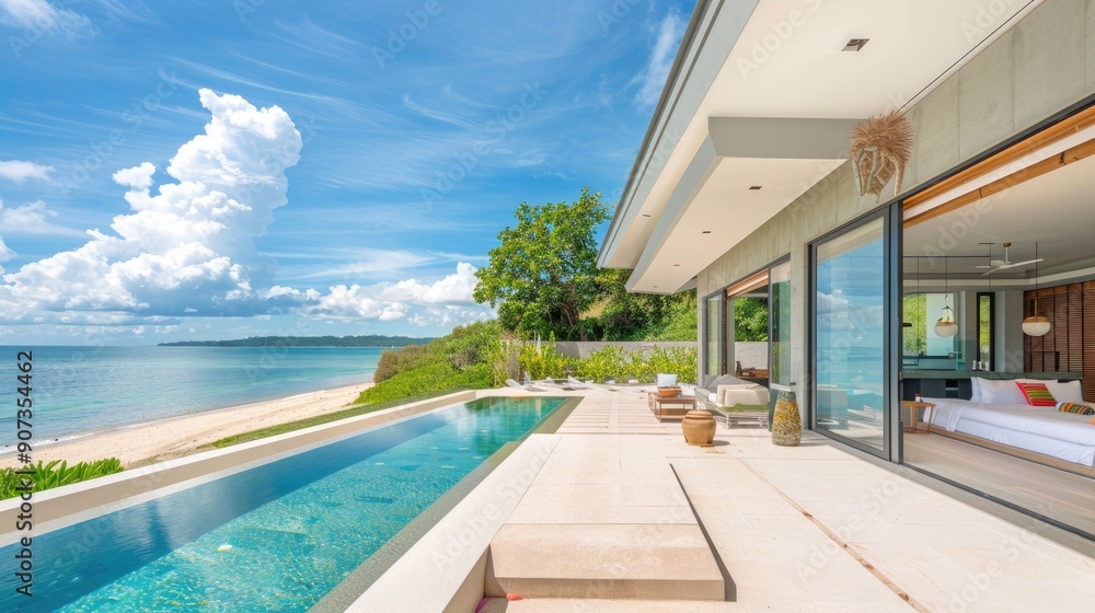 A luxurious beachfront villa with a sleek design, large sliding glass doors, and a private infinity pool overlooking the ocean. A luxurious beachfront villa with a sleek design, large sliding glass doors, and a private infinity pool overlooking the ocean.