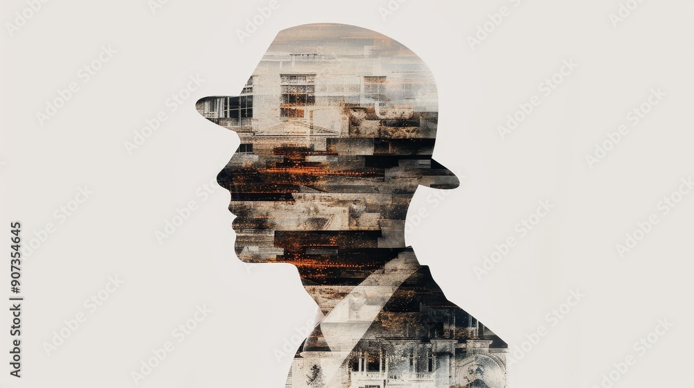 A historian with a collection of old photos, their silhouette overlaid with abstract patterns, creating a unique blend of visual art and historical imagery A historian with a collection of old photos, their silhouette overlaid with abstract patterns, creating a unique blend of visual art and historical imagery
