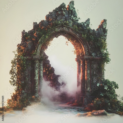 Mystical Archway Enveloped in Mist Amid Ancient Ruins with Crumbling Stonework and Vibrant Textures photo