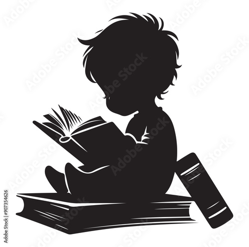 A child boy girl reading silhouette isolated on background.