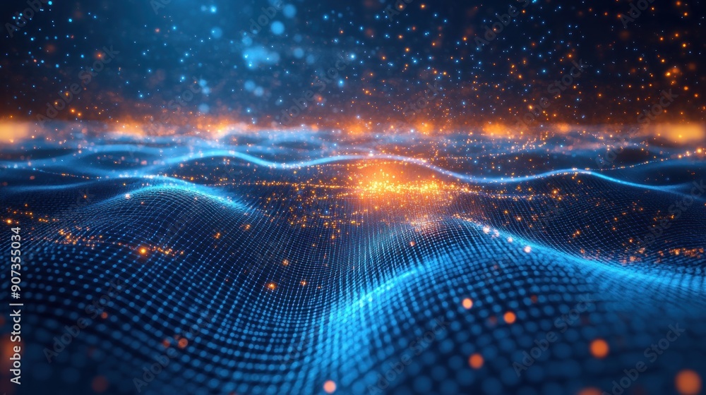 Fototapeta premium Digital Landscape Abstract Background with Blue and Orange Light