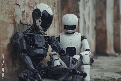 A robot and a human sitting together in silence, Two robots sitting closely, one red and one blue, on a dark background, AI generated