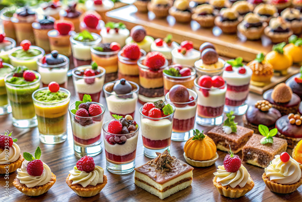 Dessert buffet background, variety of mini desserts on a buffet table, abundant and inviting. Dessert buffet background, variety of mini desserts on a buffet table, abundant and inviting.