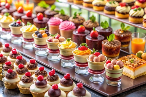 Dessert buffet background, variety of mini desserts on a buffet table, abundant and inviting.