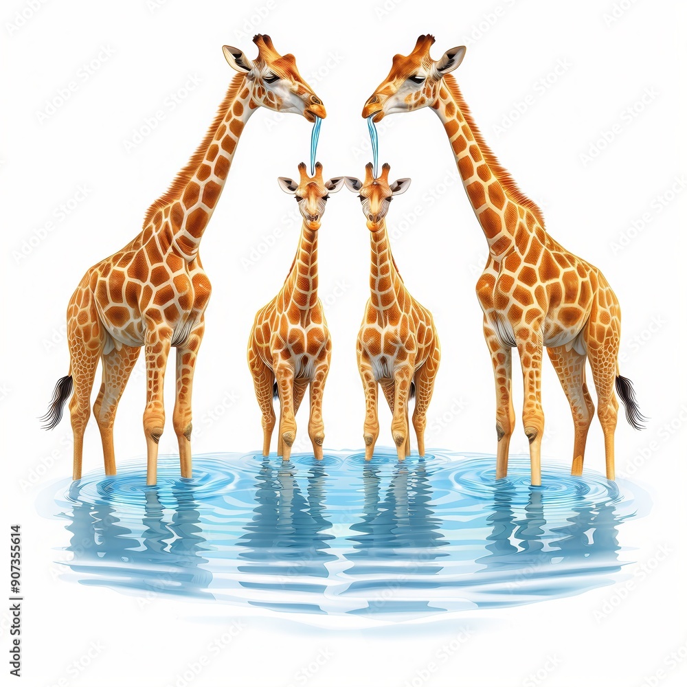Obraz premium A family of giraffes standing in water, gently interacting, creating a serene and touching scene of wildlife companionship