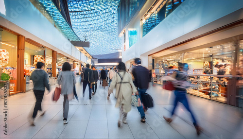 ショッピングモールの中を歩く人々を描いています。高い天井と明るい照明が特徴的で、両側にはさまざまな店舗が並んでいます。人々は買い物を楽しんでいる様子で、活気に満ちた雰囲気が伝わってきます。generative AI