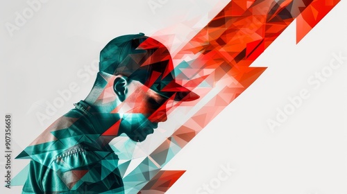 Hip-hop choreographer with a cap, captured in double exposure with dynamic street art and abstract geometric shapes, creating an energetic scene