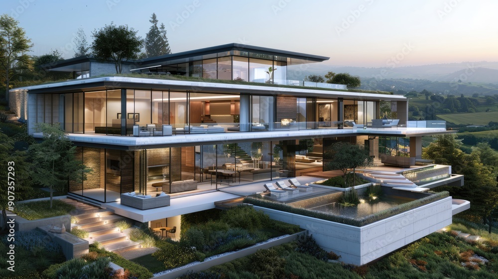 A luxurious modern villa with a terraced design, expansive glass walls, and multiple outdoor living spaces with views of a picturesque valley.