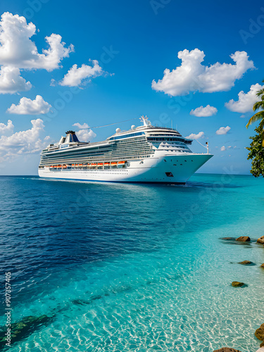 New cruise ship in tropical island lagoon with palm trees with a beautiful sandy beach, surrounded by turquoise sea water. Summer travel tourism concept, family, couples vacation design. AI generated