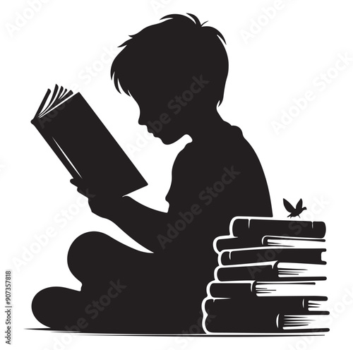 A child boy girl reading silhouette isolated on background.