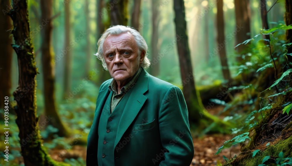 Elderly Man in Green Suit Standing in Forest. Elderly Man in Green Suit Standing in Forest.