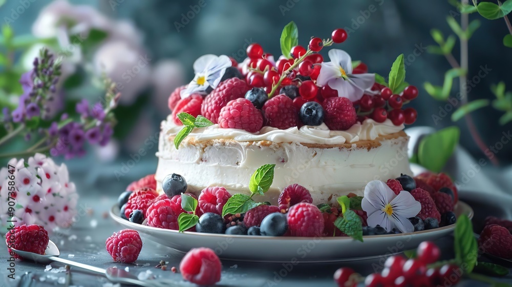 Delicious Cake with Fresh Berries and Flowers - Food Photography Delicious Cake with Fresh Berries and Flowers - Food Photography