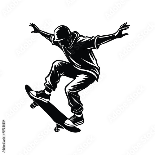 skateboarder performing a trick mid air black vector