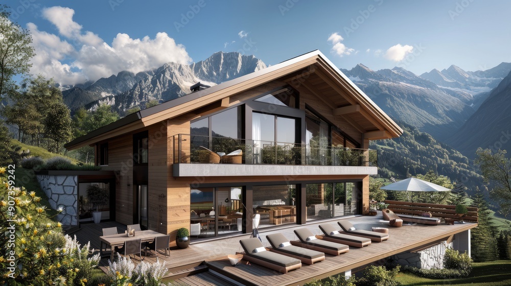 A modern alpine chalet with a steeply pitched roof, wooden accents, and a large deck offering views of the surrounding mountains. A modern alpine chalet with a steeply pitched roof, wooden accents, and a large deck offering views of the surrounding mountains.