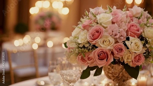 table setting with wedding bouquet