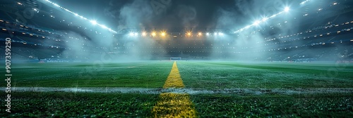 An empty soccer field stadium at night, illuminated with a single line and light.