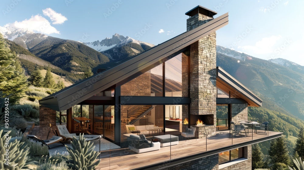A modern alpine house with a steeply sloped roof, large stone fireplace, and a spacious deck with panoramic mountain views. A modern alpine house with a steeply sloped roof, large stone fireplace, and a spacious deck with panoramic mountain views.
