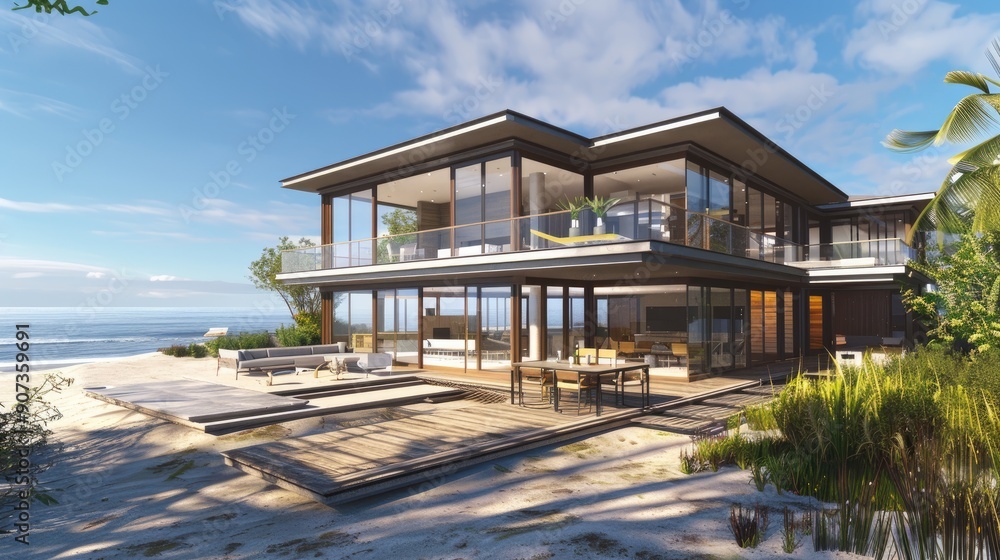 Fototapeta premium A modern beach house with large, panoramic windows, a wrap-around deck, and a view of the ocean.