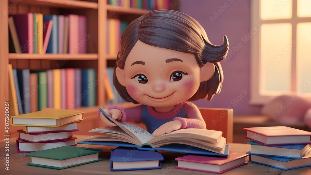 A cute girl reading book 3d render illustration. Back to school concept. A cute girl reading book 3d render illustration. Back to school concept.
