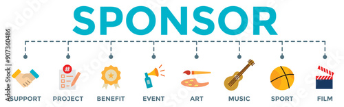 Sponsor icon banner web illustration with support, project, benefit, art, event, music, sport, and film icons	