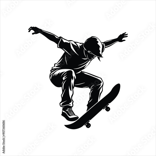 skateboarder performing a trick mid air black vector