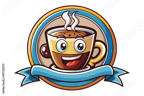 Happy Cartoon Coffee Cup with Steam and a Blue Ribbon Banner