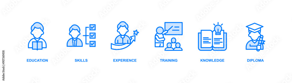 Qualification banner web icon vector illustration concept for employee recruitment and positioning with icon of education, skills, experience, training, knowledge, and diploma Qualification banner web icon vector illustration concept for employee recruitment and positioning with icon of education, skills, experience, training, knowledge, and diploma
