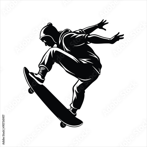 skateboarder performing a trick mid air black vector