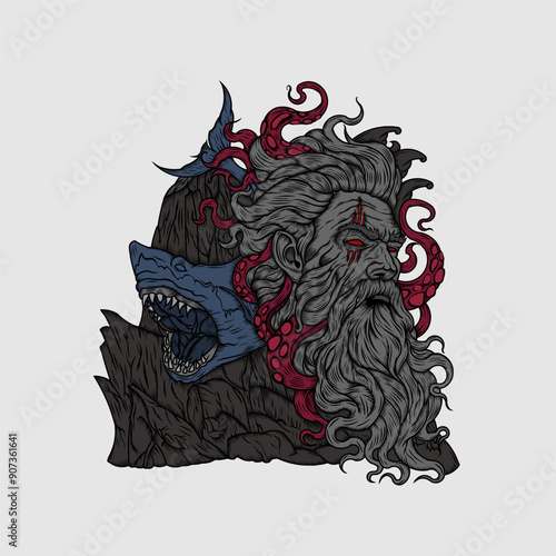 God of sea and oceans Neptune Poseidon, Trident, ancient statue temple