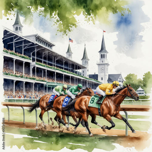 Watercolor illustration of the Churchill Downs racetrack in Louisville, Kentucky. Capture the iconic grandstands and the excitement of the horse racing scene