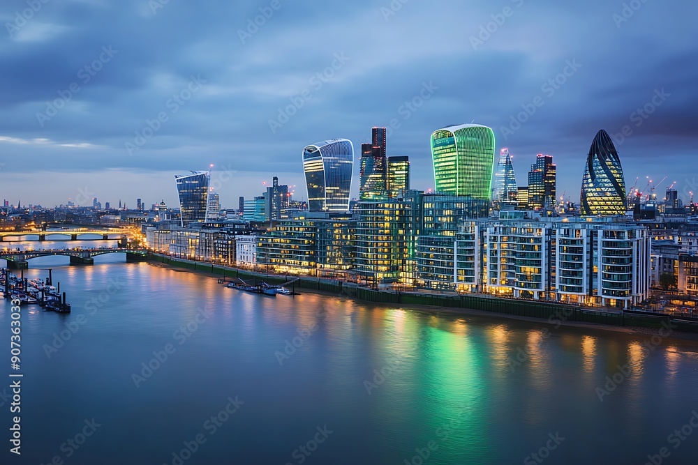 Naklejka premium Panoramic view to the skyline of the City of London, financial district, just after sunset, United Kingdom