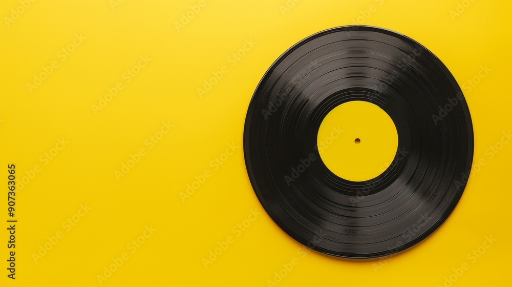 A vinyl record on a yellow surface, with clear copy spaced A vinyl record on a yellow surface, with clear copy spaced