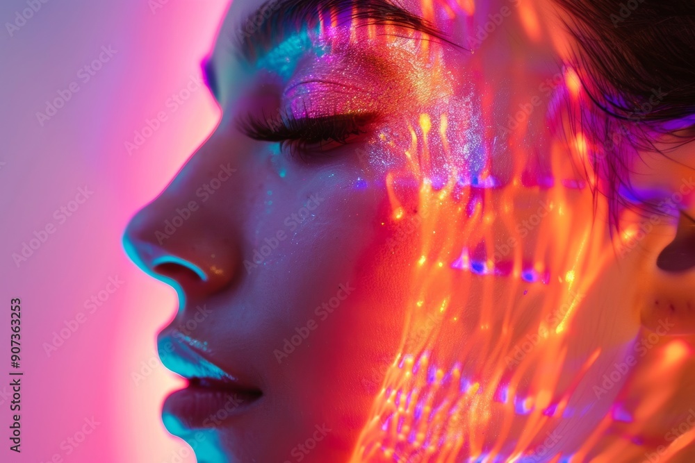 a makeup reaction featuring augmented reality treatment and holographic beauty innovation. a makeup reaction featuring augmented reality treatment and holographic beauty innovation.
