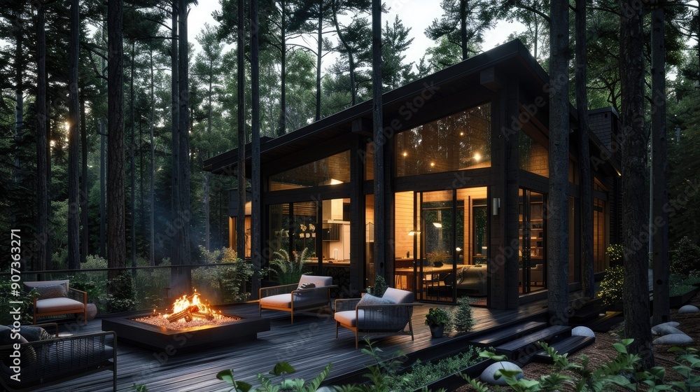 A modern forest cabin with a dark wood exterior, large windows, and a deck with a fire pit and seating area surrounded by tall trees. A modern forest cabin with a dark wood exterior, large windows, and a deck with a fire pit and seating area surrounded by tall trees.