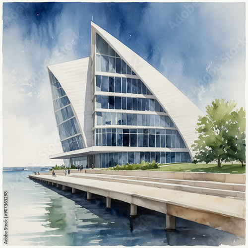 Watercolor illustration of the Milwaukee Art Museum in Milwaukee, Wisconsin. Capture the striking design of the museum photo