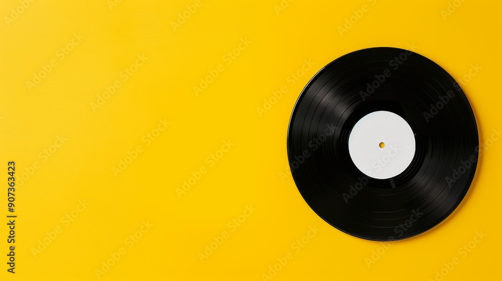 Obraz premium A clean yellow background featuring a vinyl record with a blank centerd